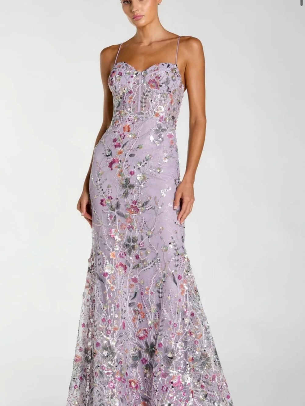 Mac Duggal Purple Spaghetti Strap Floral Lilac Strapless Floral Embroidered Gown